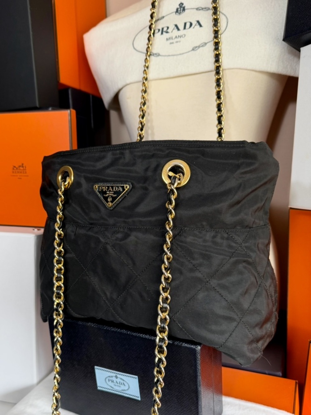 PradaBlack Quilted Nylon Shoulder Bag with Gold Chain Handles!⭐️Open to Offers